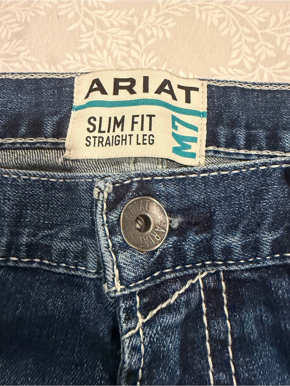 Ariat M7 Slim Straight Fit Jeans Men 34x32(35x31) Stitching Med Wash Blue Denim